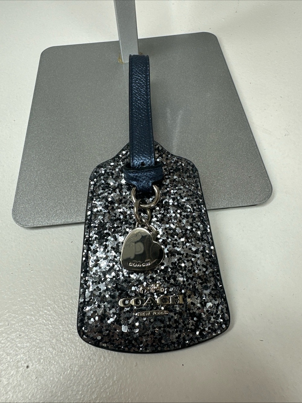 Coach Glitter Leather Luggage Tag in Blue and Silver